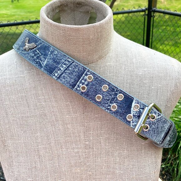 Vintage Y2K Denim Embossed Leather Silver Eagles Belt New - Picture 1 of 14